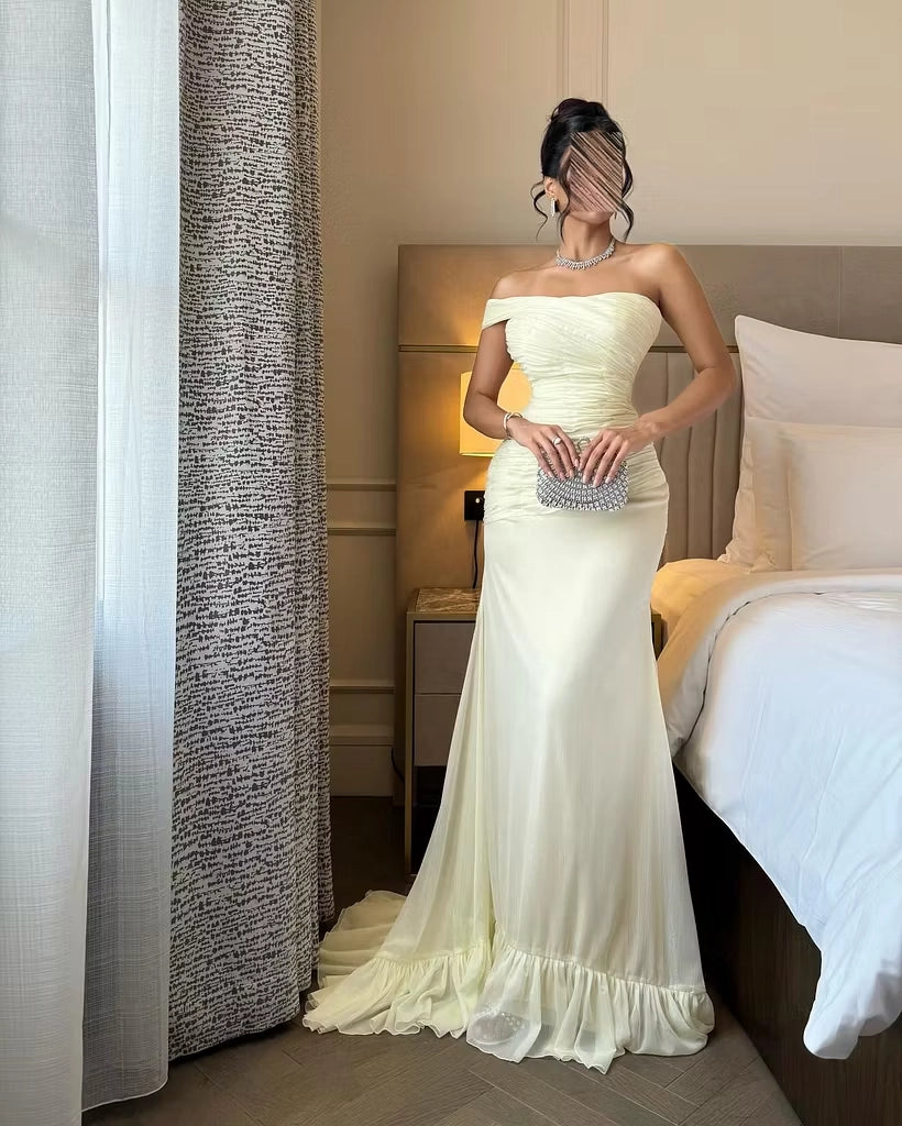 Butter Yellow Chiffon Mermaid Off The Shoulder Zipper Back Floor Length Dress Front View - Jimiss
