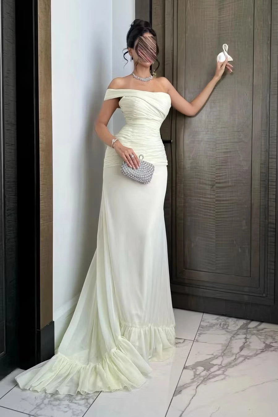 Butter Yellow Chiffon Mermaid Off The Shoulder Zipper Back Floor Length Dress Front View - Jimiss