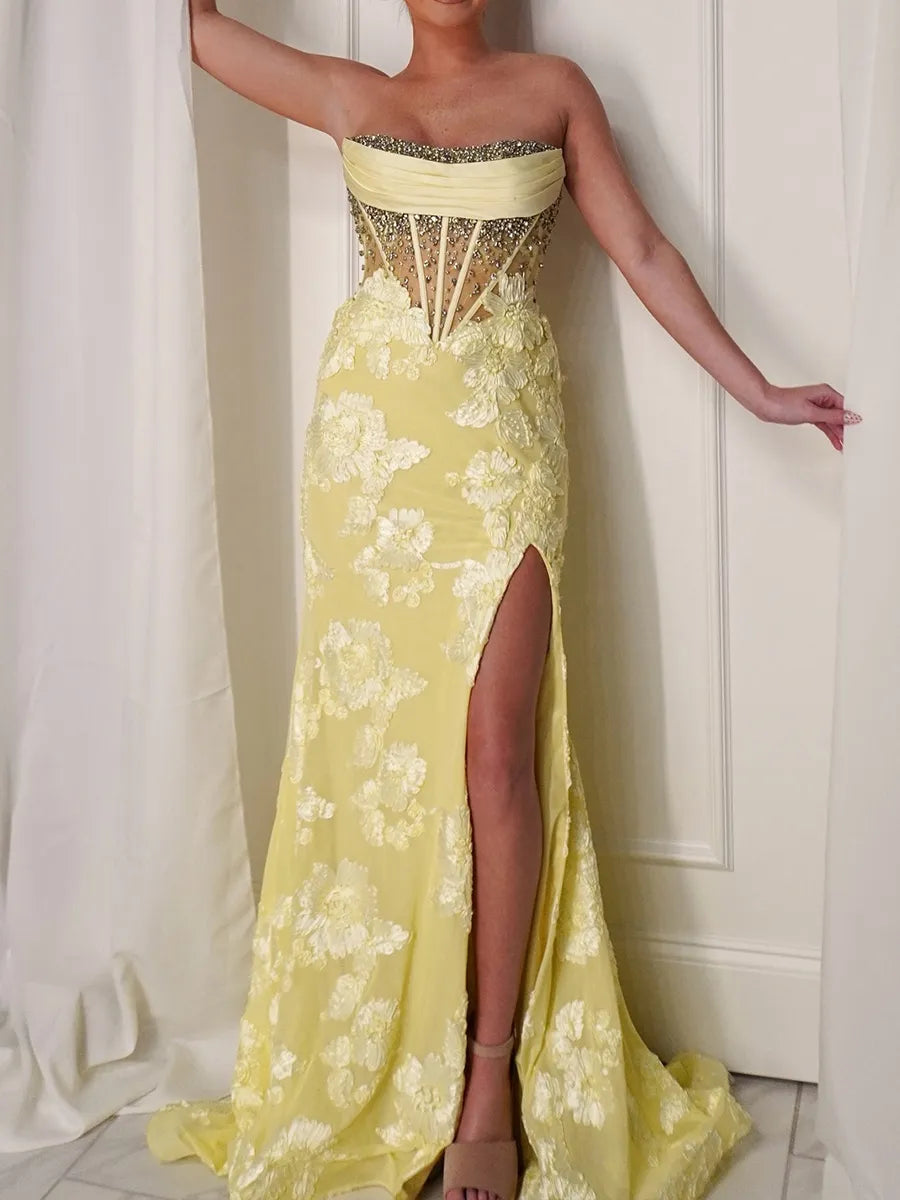 Butter Yellow Lace Mermaid Strapless Open-Back Floor-Length Dress - Jimiss