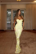 Butter Yellow Lace sheath-column sweetheart lace-up-back floor-length Dress Front View - Jimiss