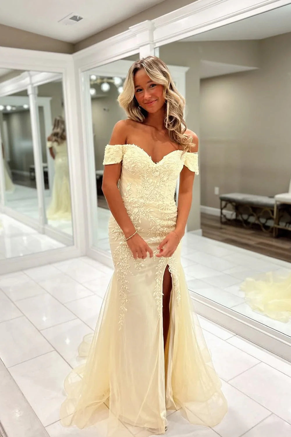 Butter Yellow Lace & Tulle Mermaid Off-the-Shoulder Floor-Length Dress - Jimiss