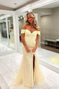 Butter Yellow Lace & Tulle Mermaid Off-the-Shoulder Floor-Length Dress - Jimiss