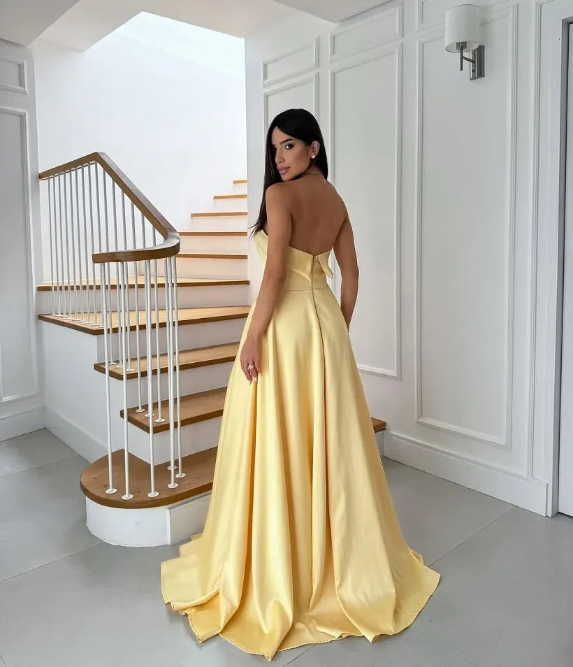 Butter Yellow Satin A-Line Straight Across Zipper Back Floor Length Dress Back View - Jimiss