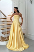 Butter Yellow Satin A-Line Straight Across Zipper Back Floor Length Dress Front View - Jimiss