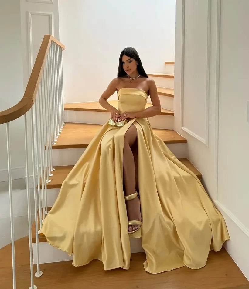 Butter Yellow Satin A-Line Straight Across Zipper Back Floor Length Dress Front View - Jimiss