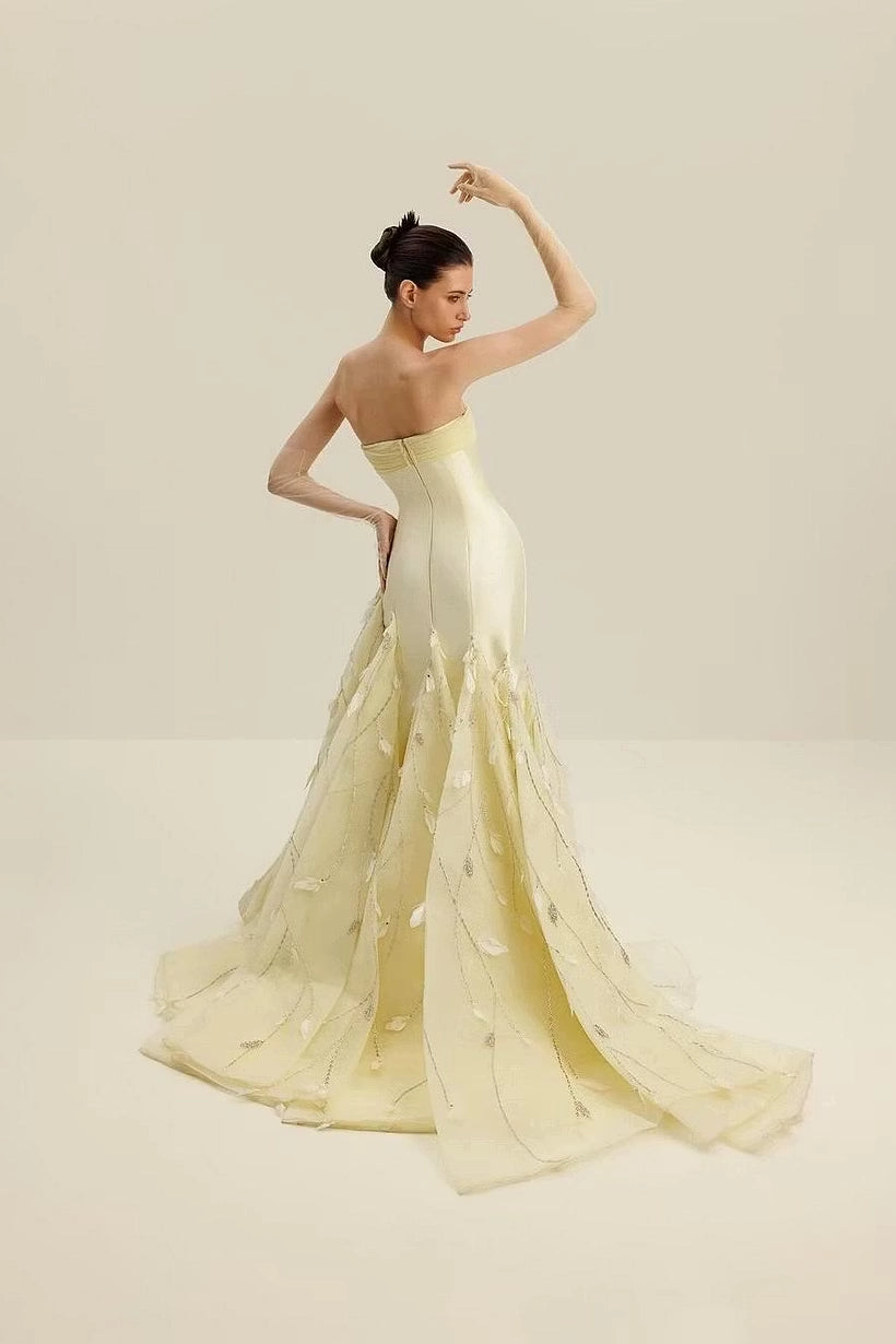 Butter Yellow Satin & Organza Trumpet Strapless Zipper Back Floor Length Dress Back View - Jimiss