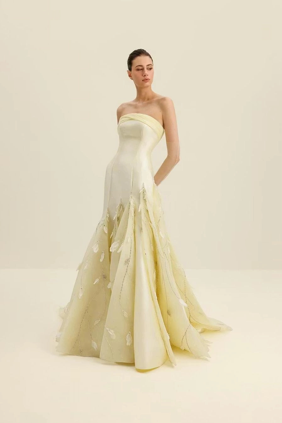 Butter Yellow Satin & Organza Trumpet Strapless Zipper Back Floor Length Dress Front View - Jimiss