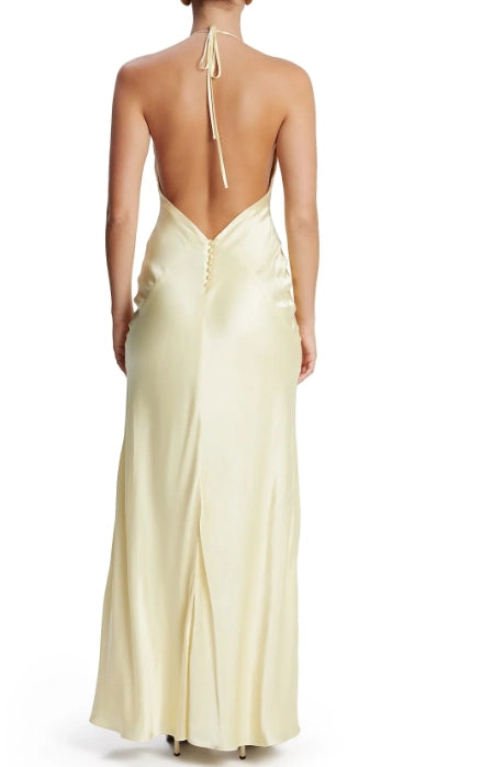 Butter Yellow Satin sheath-column halter open-back floor-length Dress Back View - Jimiss