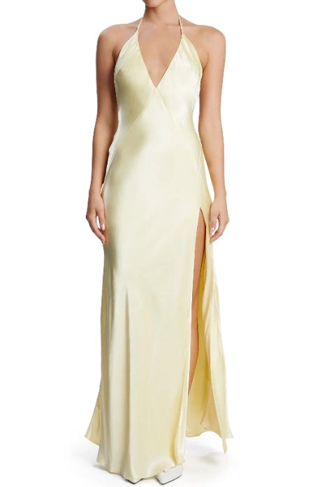 Butter Yellow Satin sheath-column halter open-back floor-length Dress Front View - Jimiss