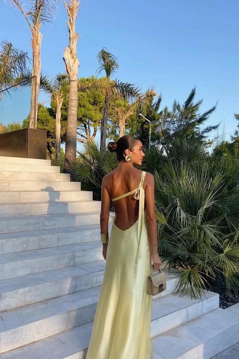 Butter Yellow Satin Sheath Column One Shoulder Open Back Floor Length Dress Back View - Jimiss