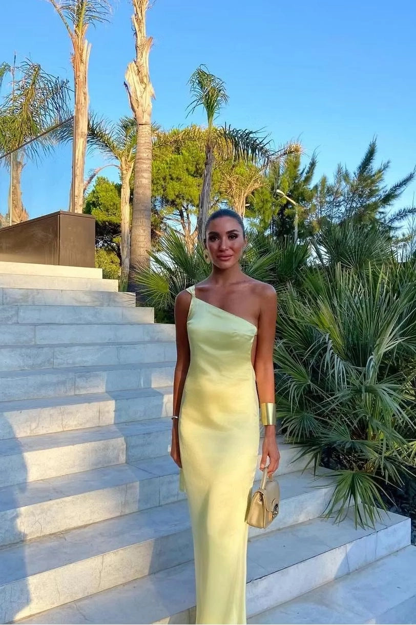 Butter Yellow Satin Sheath Column One Shoulder Open Back Floor Length Dress Front View - Jimiss