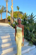 Butter Yellow Satin Sheath Column One Shoulder Open Back Floor Length Dress Front View - Jimiss