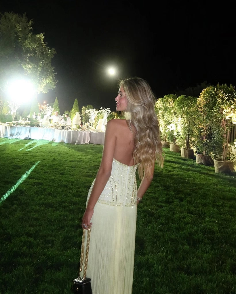 Butter Yellow Sequin Mesh Sheath/column V-Neck Open-Back Floor-Length Dress Back View - Jimiss