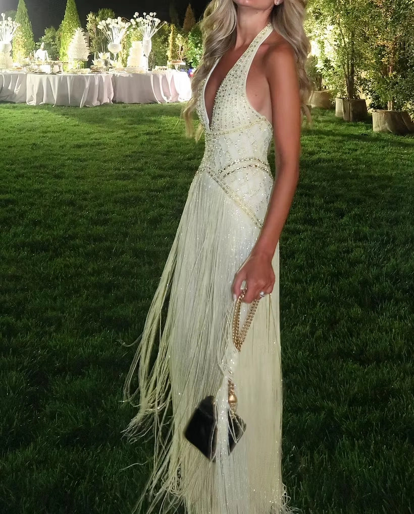 Butter Yellow Sequin Mesh Sheath/column V-Neck Open-Back Floor-Length Dress Detail - Jimiss