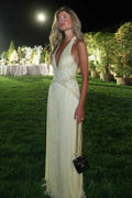 Butter Yellow Sequin Mesh Sheath/column V-Neck Open-Back Floor-Length Dress Front View - Jimiss