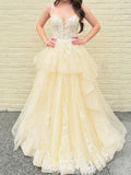 Butter Yellow Tulle & Lace Ball Gown Plunging V-Neck Floor-Length Dress - Jimiss