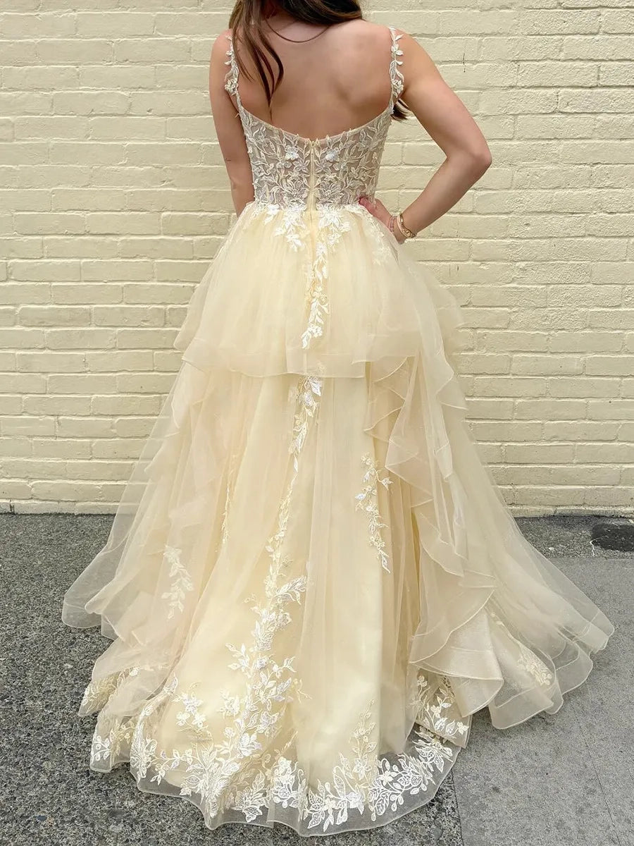 Butter Yellow Tulle & Lace Ball Gown Plunging V-Neck Floor-Length Dress - Jimiss