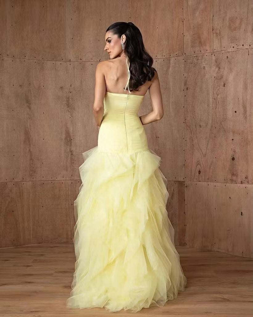 Butter Yellow Tulle Tiered Halter Open Back Floor-Length Dress Back View - Jimiss