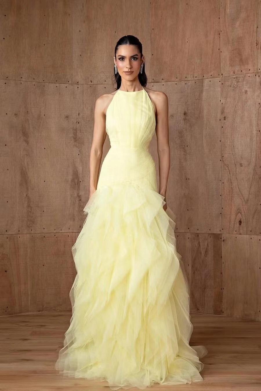 Butter Yellow Tulle Tiered Halter Open Back Floor-Length Dress Front View - Jimiss