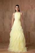 Butter Yellow Tulle Tiered Halter Open Back Floor-Length Dress Front View - Jimiss