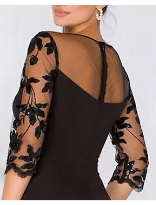 Black A-Line Satin Floor-Length Evening Dress with Illusion Boat Neck & High Slit