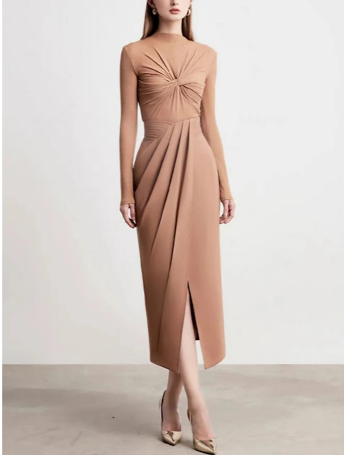 Vestido de noche elegante, corte tubo, largo hasta la rodilla, manga larga, cuello alto, abertura fruncida, 2025