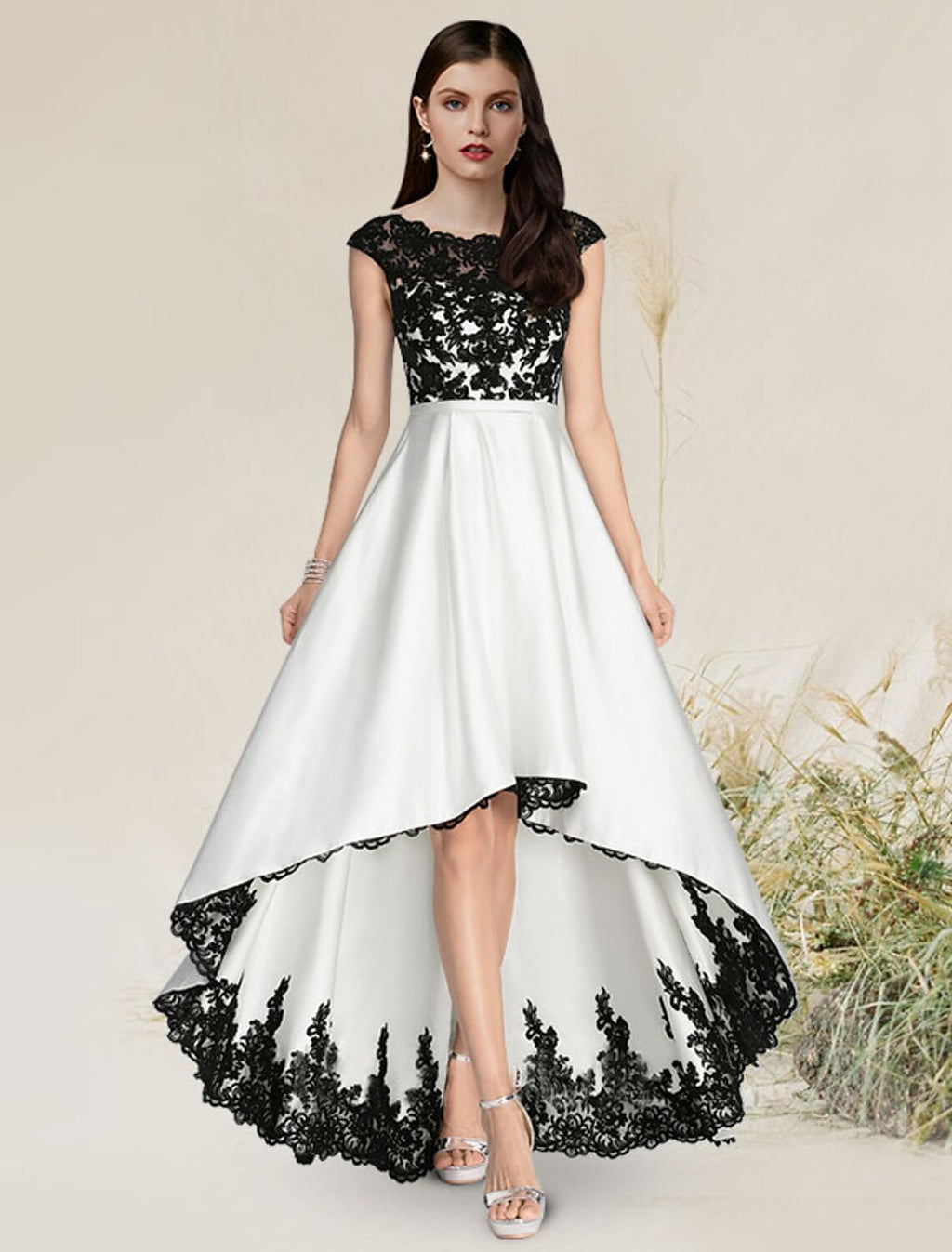 Vestido de noche formal elegante de corte A con escote joya, sin mangas, de satén asimétrico con apliques
