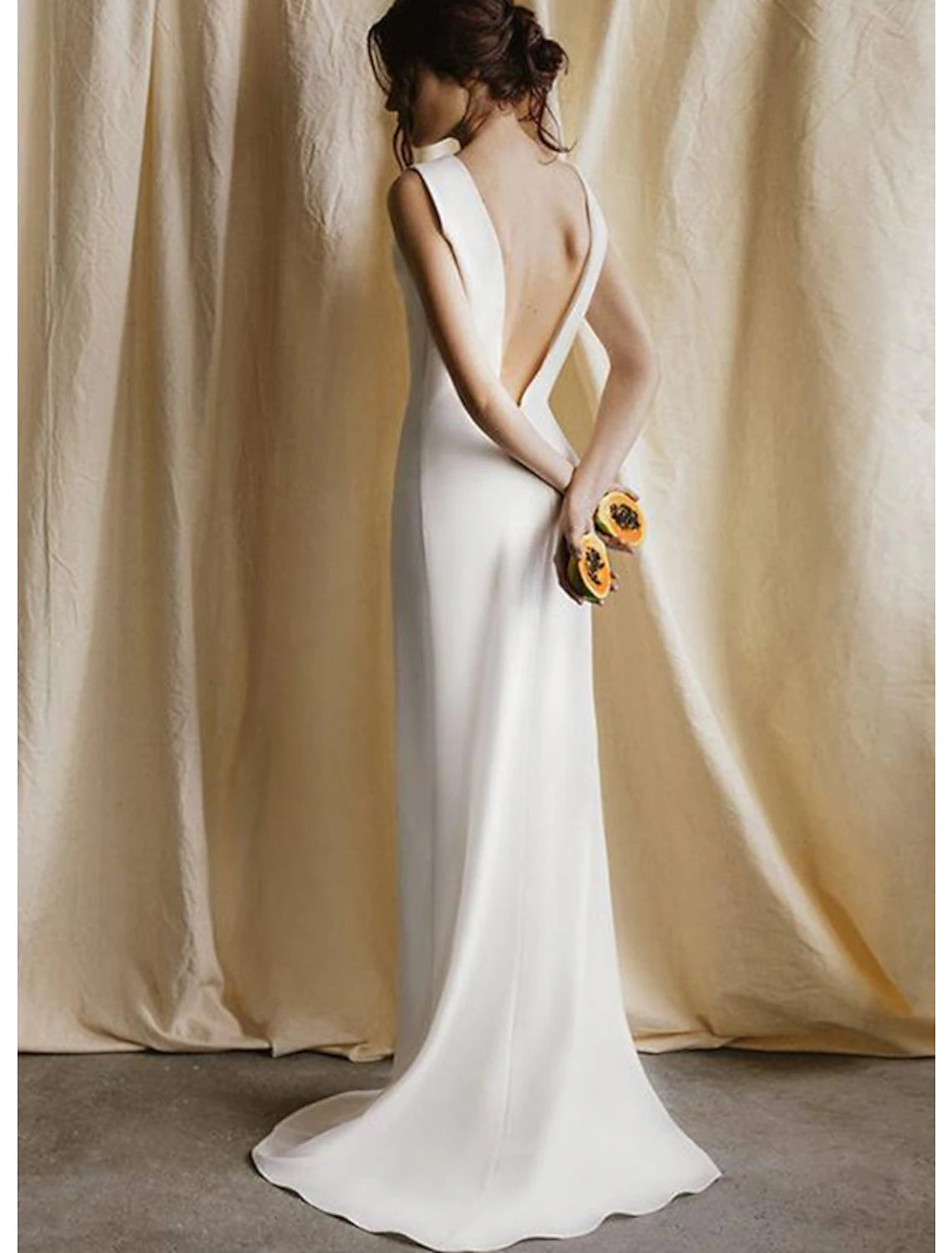 Ivory Satin Cowl Neck Sheath Bridesmaid Dress