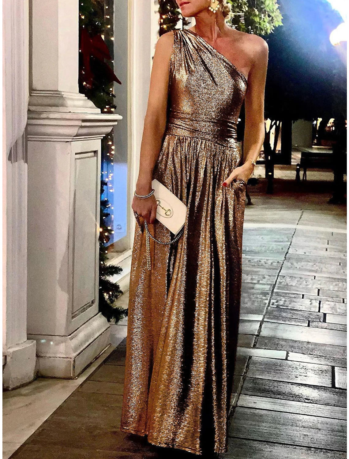 Abito da festa da donna, abito da ballo, abito da invitato a nozze, abito lungo, abito lungo, argento, blu, viola, senza maniche, colore puro, tasca, estate, primavera, monospalla, moda, sera, festa, invitato a nozze, vacanza