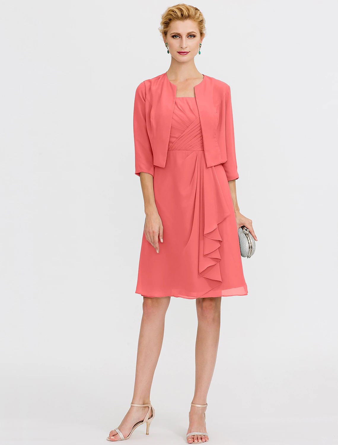 Abito da sposa a trapezio, elegante, corto/mini, in chiffon, senza maniche, con pieghe e perline, due pezzi, formale