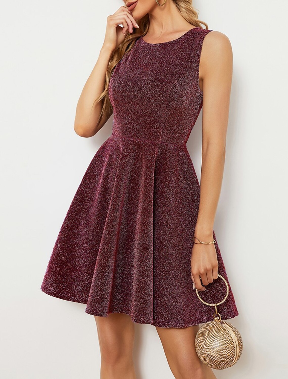 Abiti da ballo a trapezio, scintillanti, da festa, da ballo, lunghezza tè, senza maniche, scollo gioiello, in raso con glitter