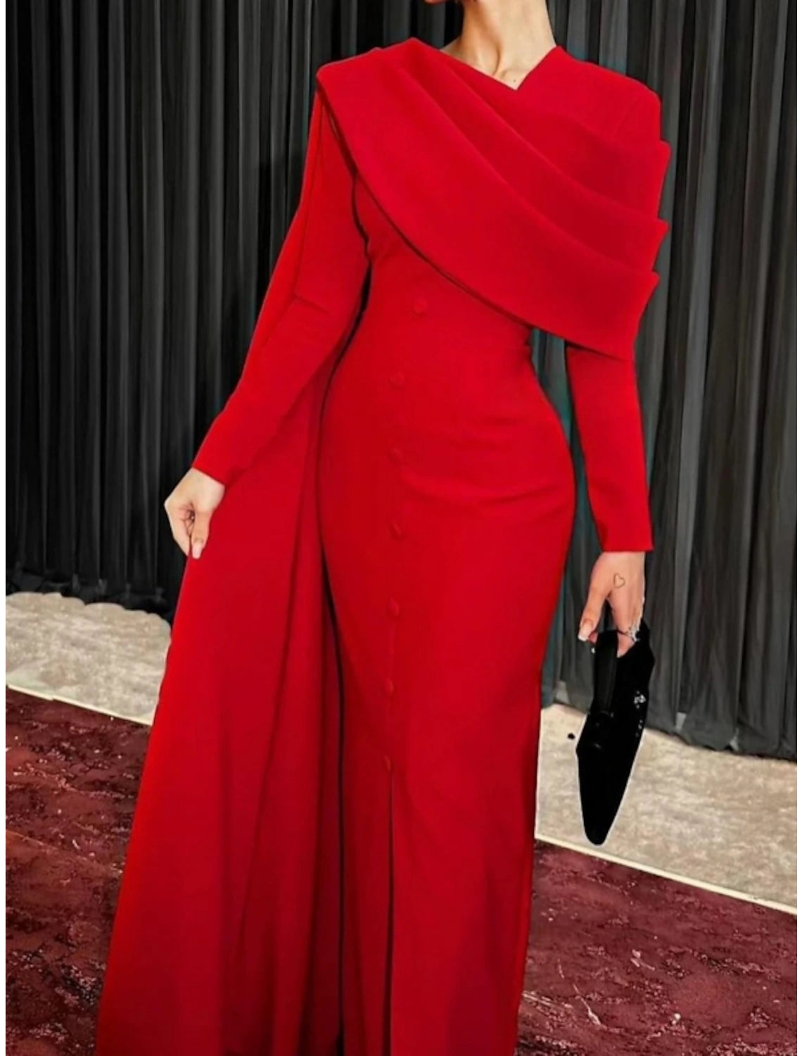 Vestido de noche elegante con capa, corte tubo, rojo, negro, navideño, rojo y verde, formal, de otoño, con cola larga, cuello vuelto, botones y abertura, 2025