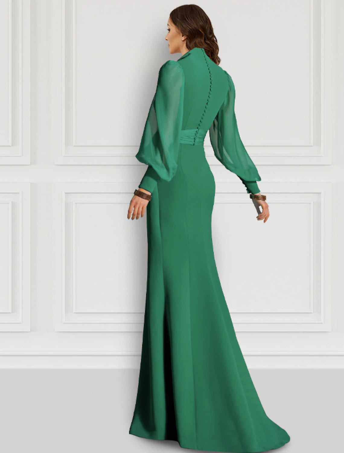 Green Crepe A-Line Floor-Length Evening Dress with Wrap bodice, Voluminous sheer sleeves & High slit