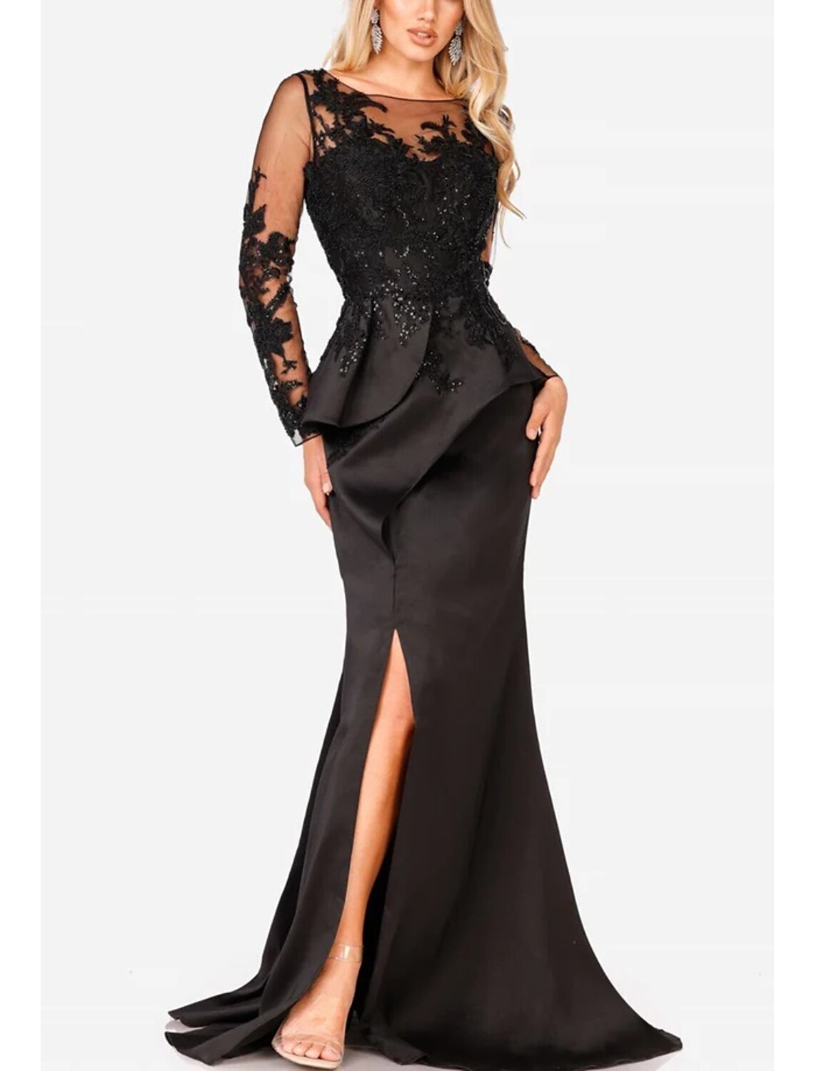 Vestido de noche elegante de sirena/trompeta, vestido formal de graduación, largo hasta el suelo, manga larga, cuello joya, satén con apliques de abertura