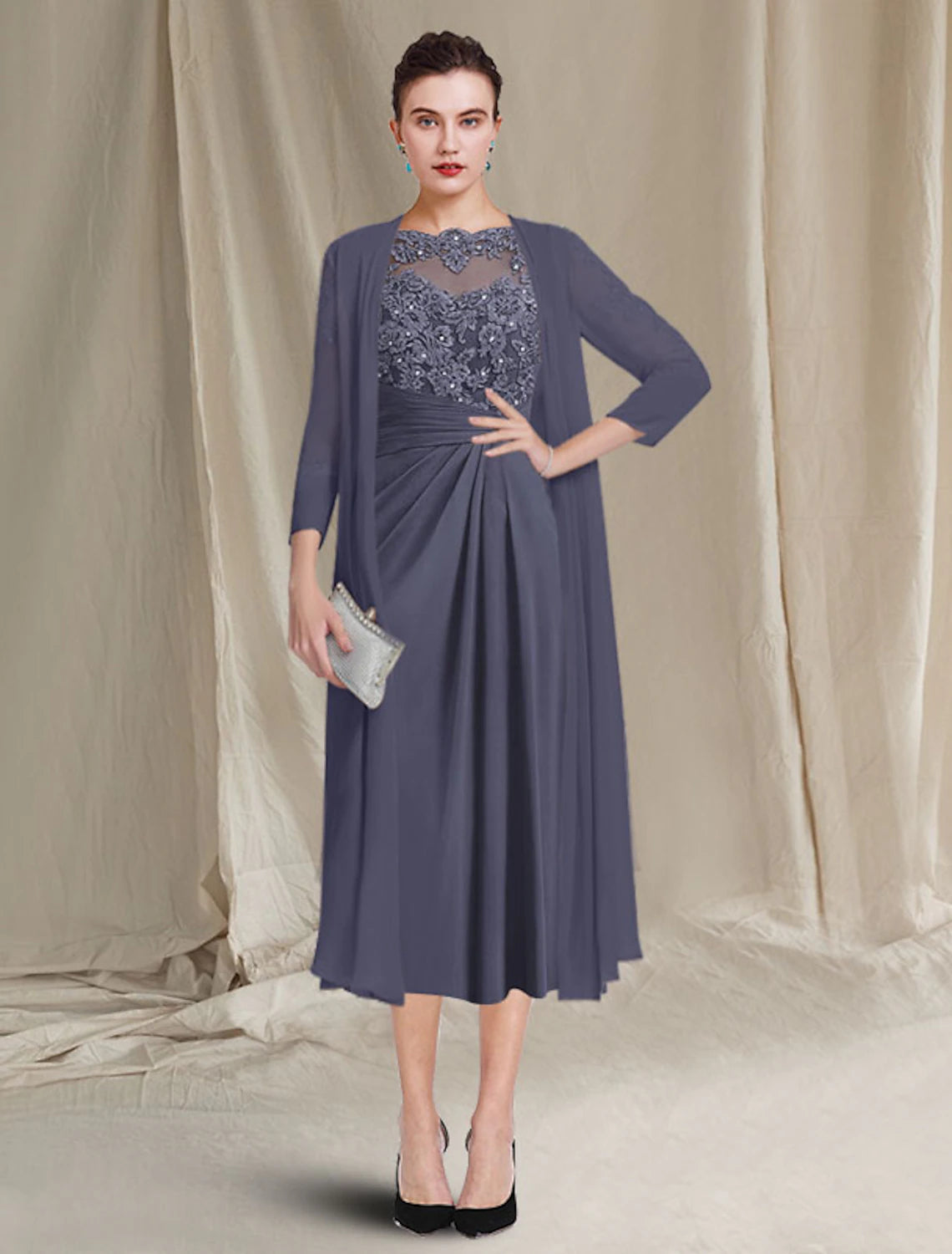 Stormy Chiffon A-Line Tea-Length Dress with Illusion Lace Bodice