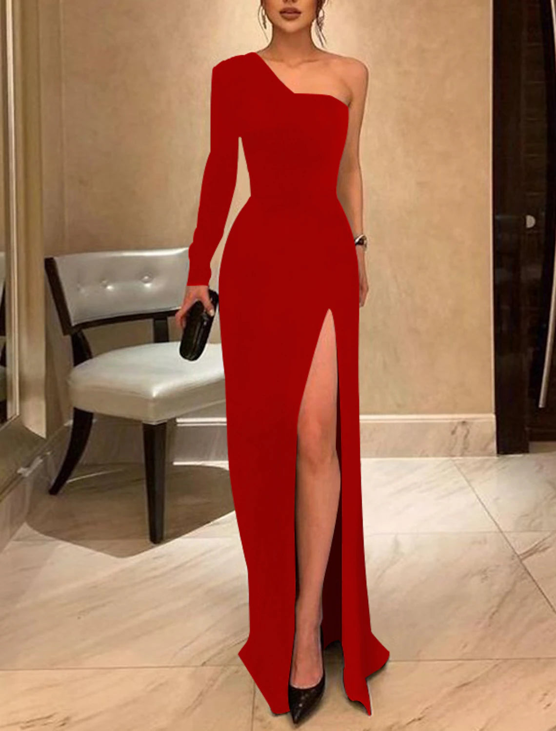 Sheath / Column Evening Gown Elegant Black Dress Plus Size Prom Floor Length Long Sleeve One Shoulder Fall Wedding Guest  Fabric with Sleek Slit Pure Color 2025