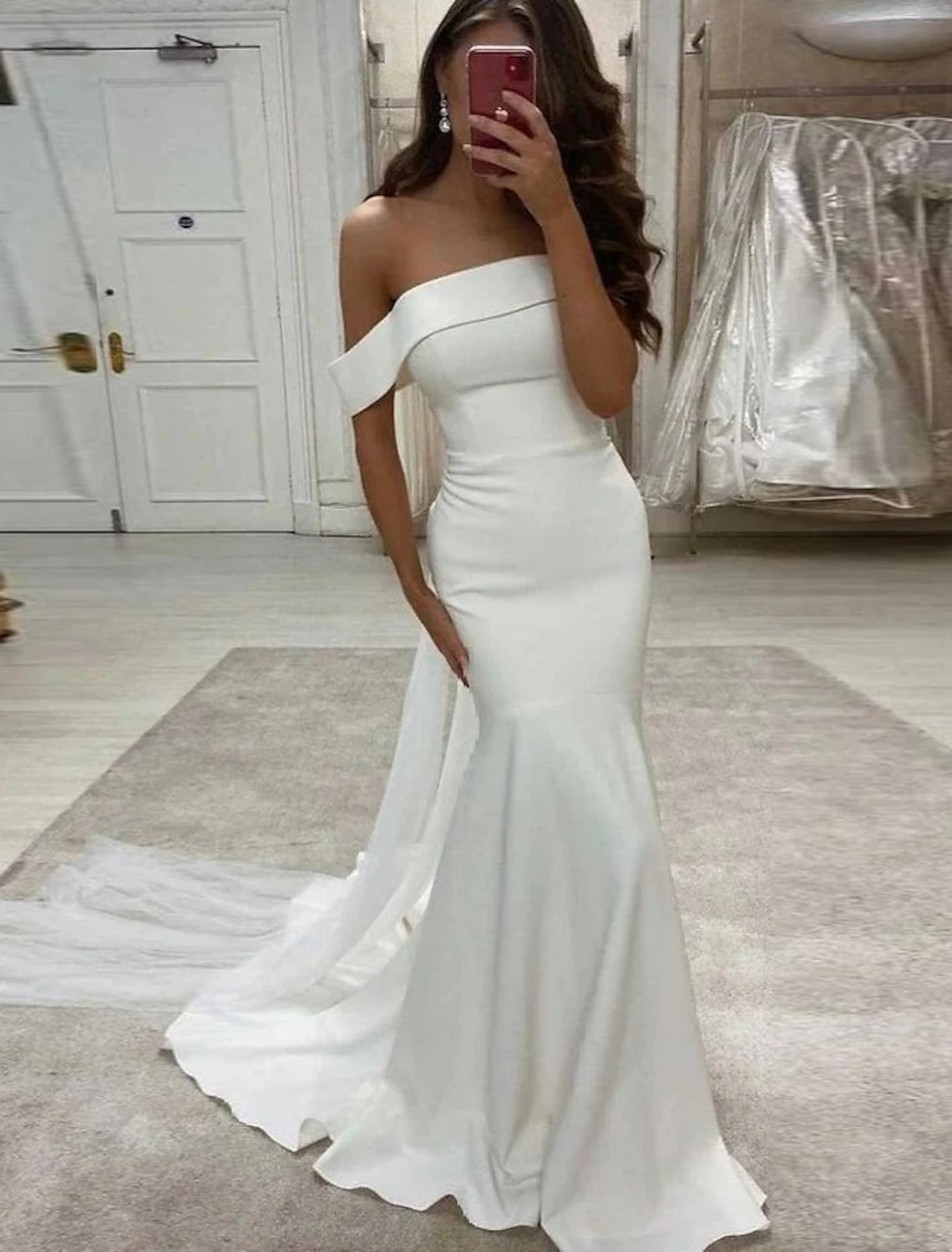 Reception Sexy Wedding Dresses Mermaid / Trumpet Off Shoulder Cap Sleeve Sweep / Brush Train  Fabric Bridal Gowns With Solid Color