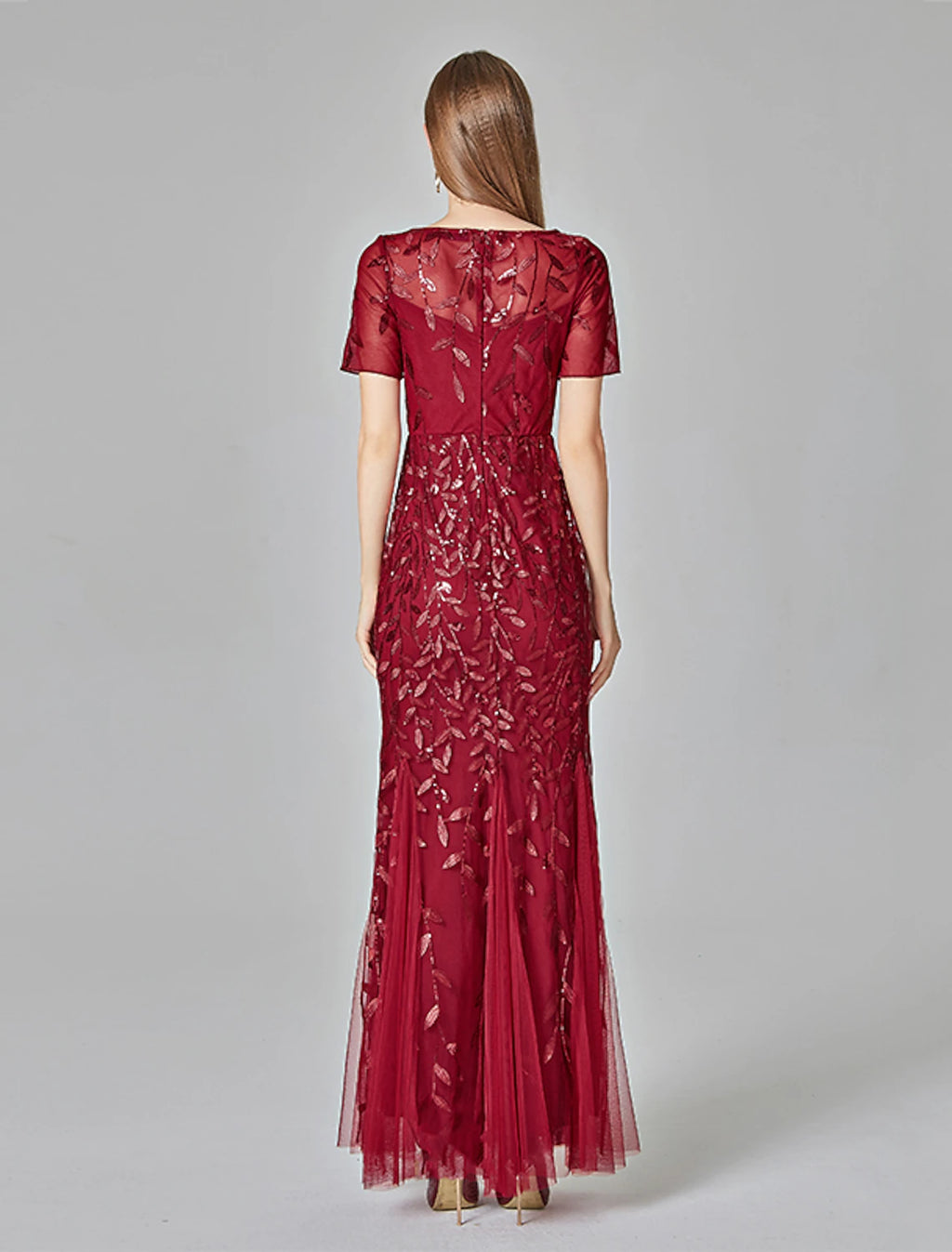 Burgundy Sequin Sheath/column Floor-Length Evening Dress with Boat Neck & Short Sleeves
