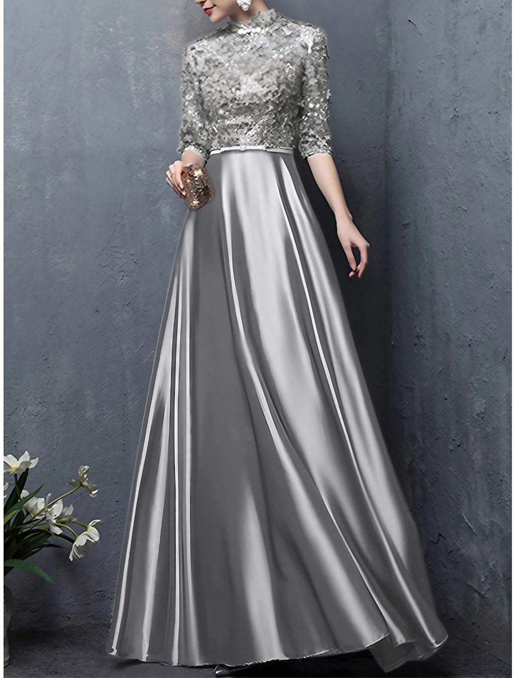 Vestido de Madre de la Novia de Corte A para Invitadas de Boda, Elegante, Vintage, Cuello Alto, Largo hasta el Suelo, Satén, Media Manga con Lazo(s), Apliques