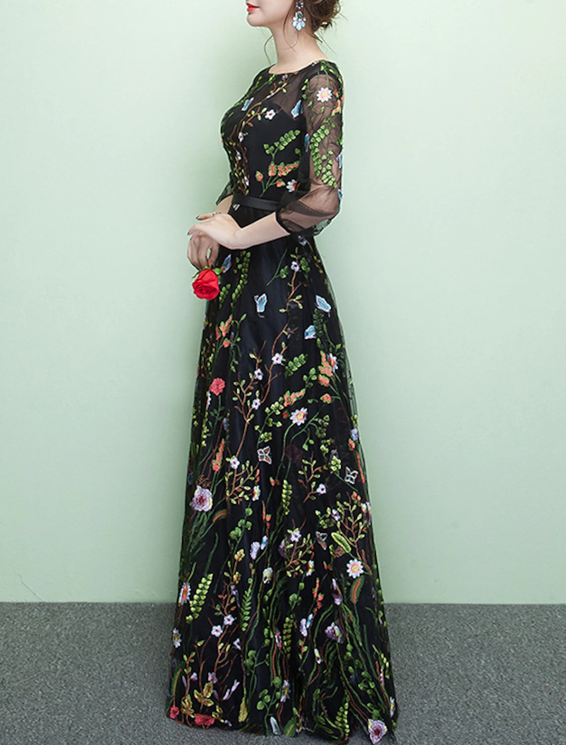 Black Mesh A-Line Floor-Length Dress: Boat Neck, Embroidered Florals