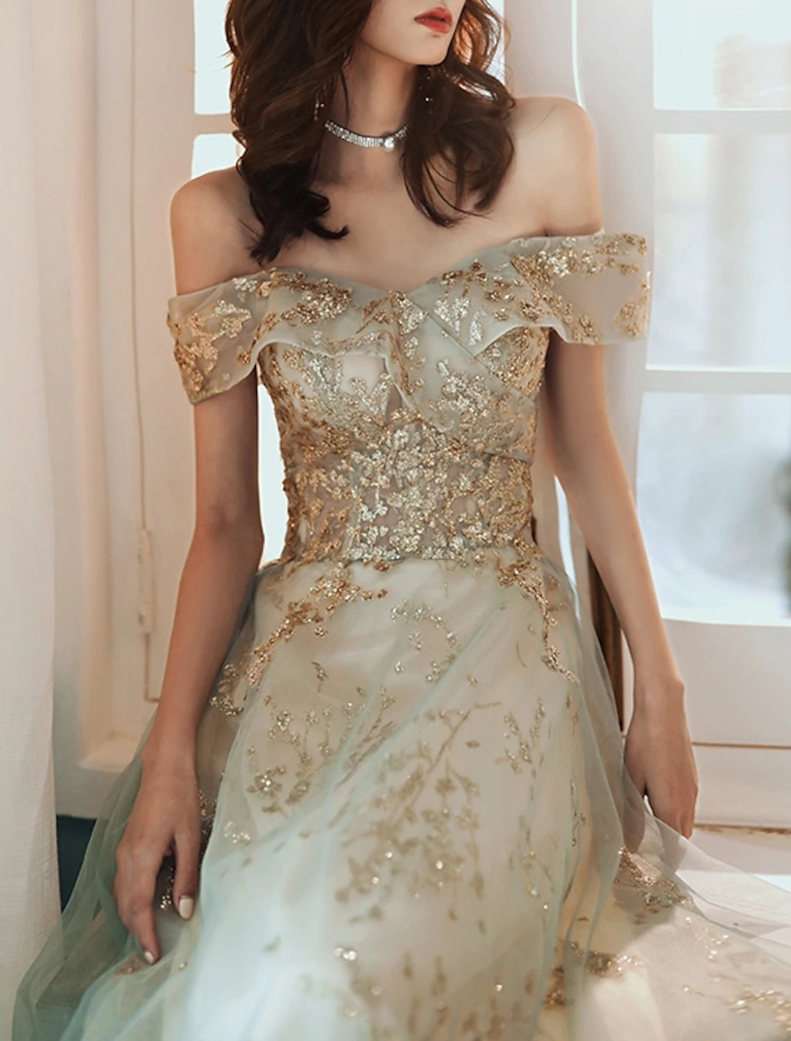 A-Line Evening Gown Elegant Dress Wedding Guest Engagement Floor Length Short Sleeve Off Shoulder Tulle with Sequin