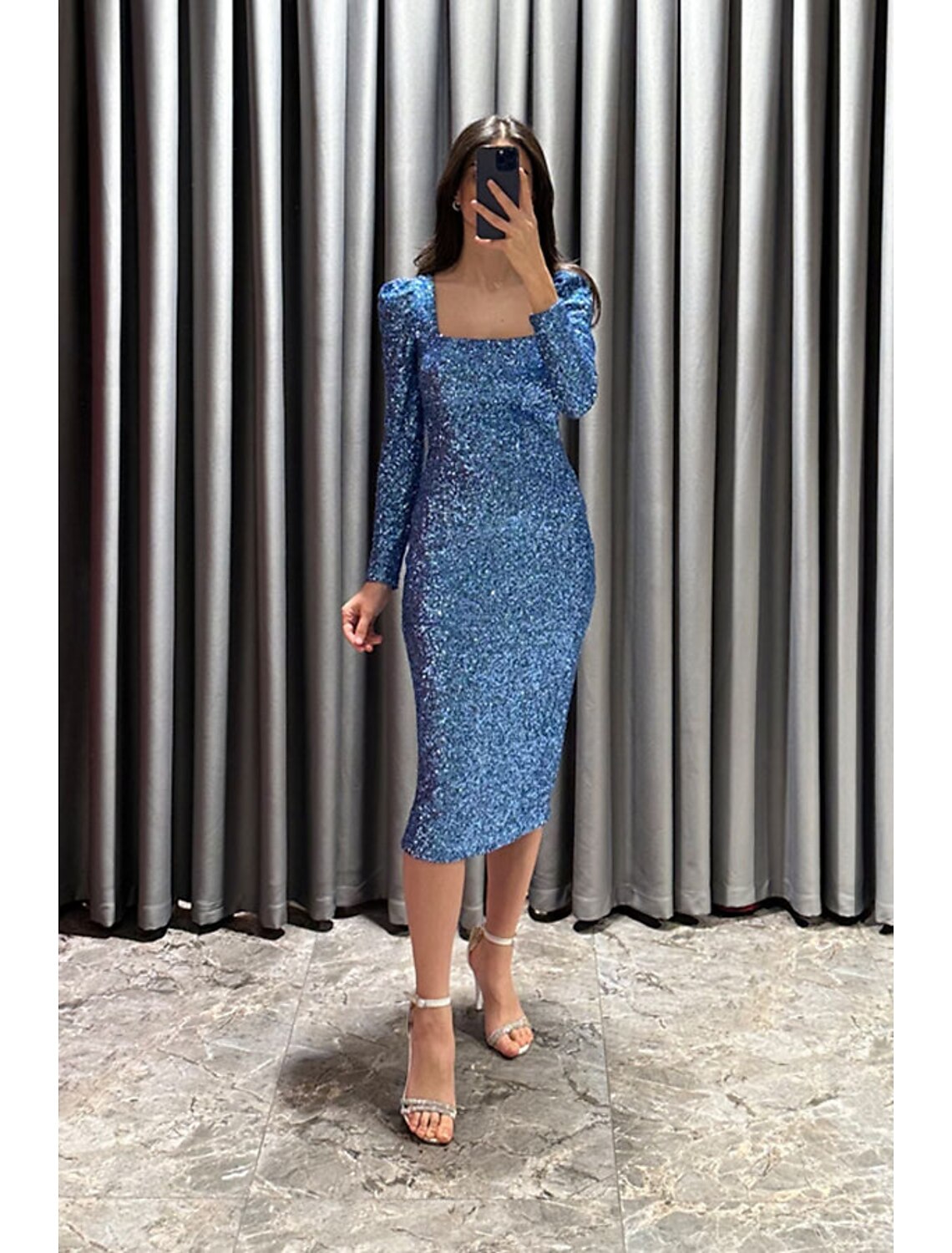 Black Sequin Midi Evening Dress with Puffed Long Sleeves