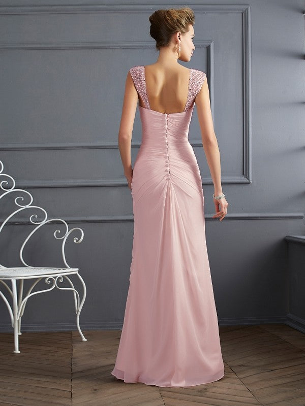 Abiti lunghi in chiffon con perline, senza maniche, con spalline a tubino/colonna