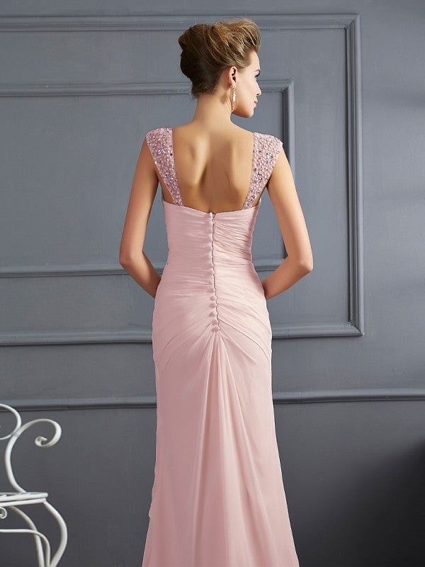 Blushing Pink Chiffon A-Line Floor-Length Bridesmaid Dress with Sweetheart Neckline & Embellished Straps - Jimiss