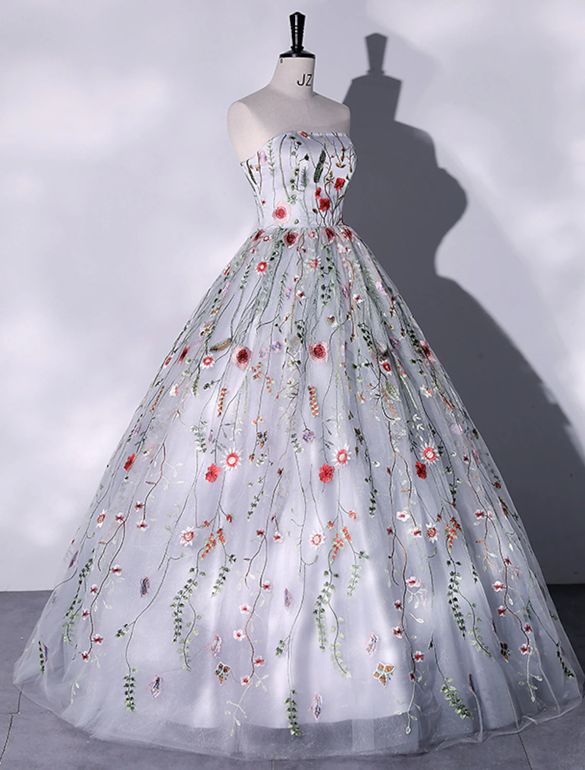 Vestido de noche elegante, vestido de quinceañera, cumpleaños, largo hasta el suelo, sin mangas, sin tirantes, de encaje con aberturas, bordados y apliques.