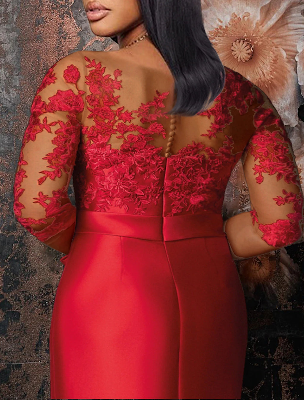 Red Satin Lace Mermaid Illusion Neck Floor-Length Evening Dress