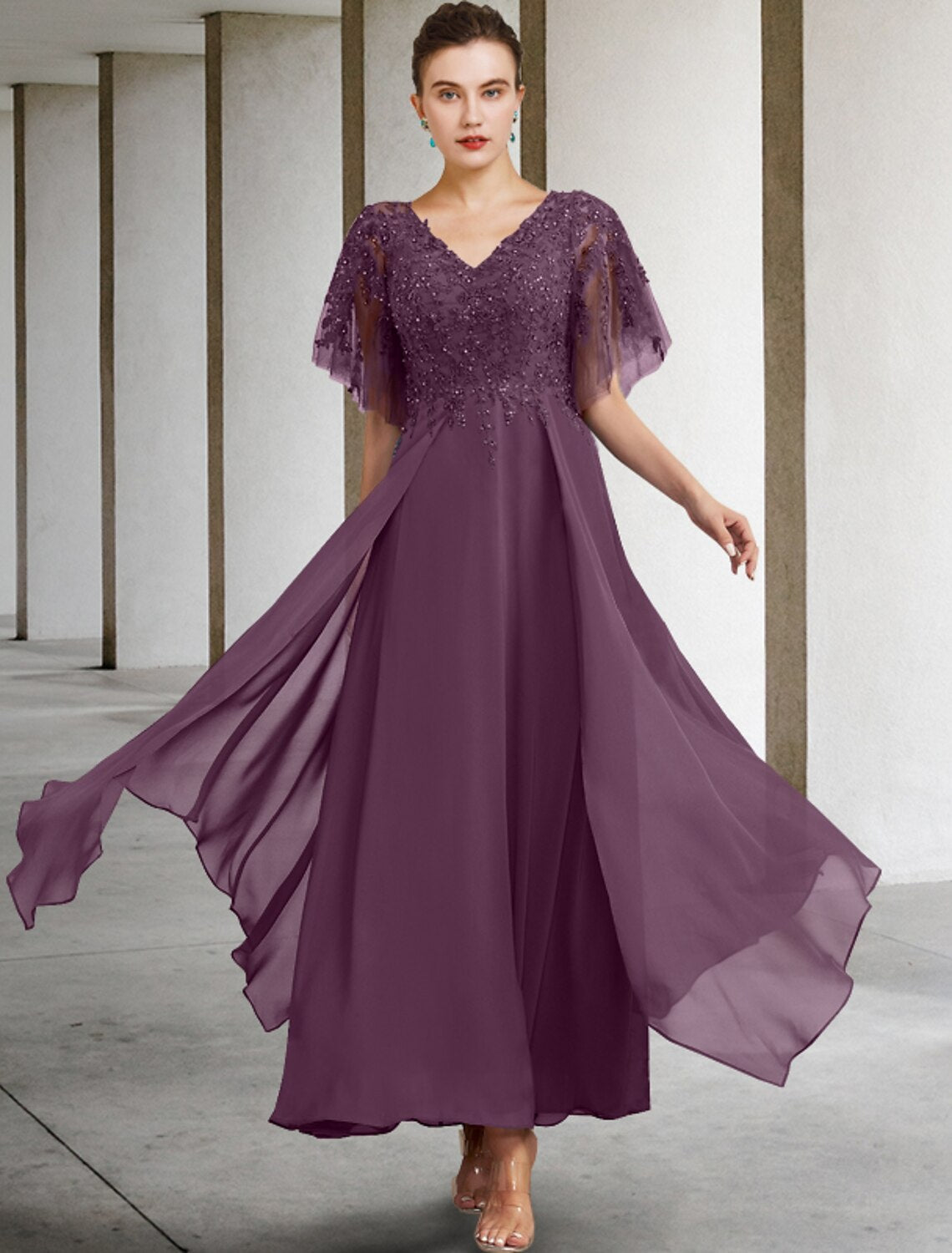 Abito da madre della sposa a trapezio, taglie forti, con scollo a V, elegante, lunghezza alla caviglia, in chiffon, pizzo, maniche corte, con applicazioni di perline e paillettes