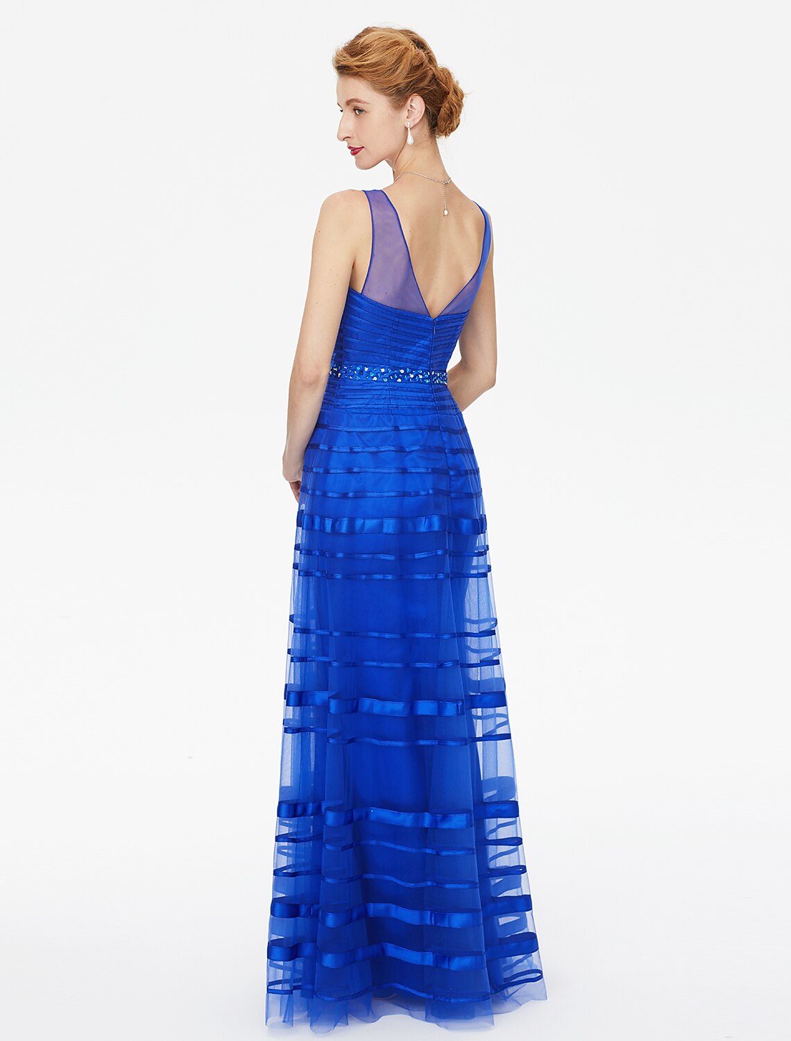 Abito da madre della sposa a trapezio, con spalline scoperte sulla schiena, lunghezza al pavimento, in tulle e raso, senza maniche, con perline