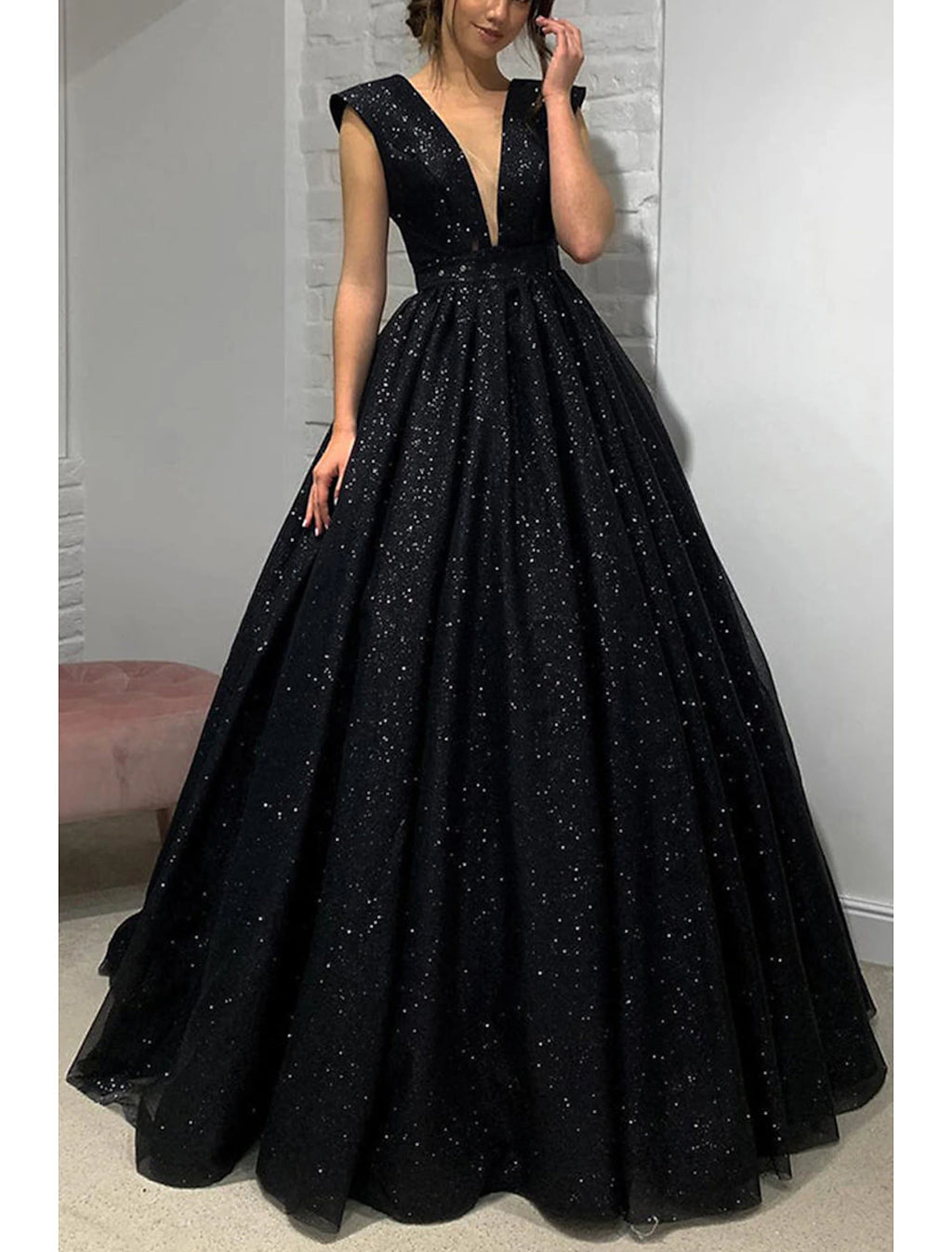 Black Glitter Ball Gown Floor-Length Evening Dress with Plunging V Neck