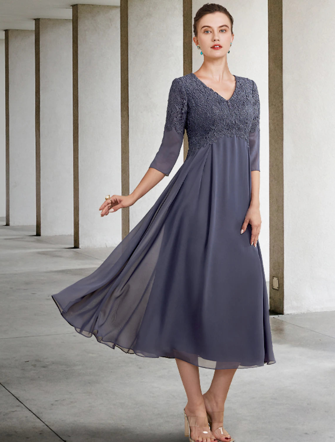 Slate Blue Lace & Chiffon A-Line Tea-Length Bridesmaid Dress with V-Neck and Sheer Sleeves